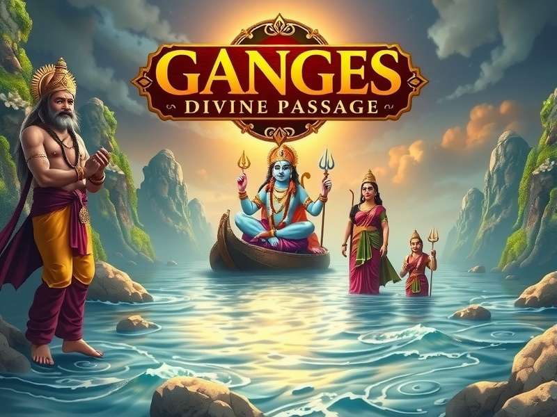 Ganges Divine Passage game banner featuring Hindu deities and sacred river